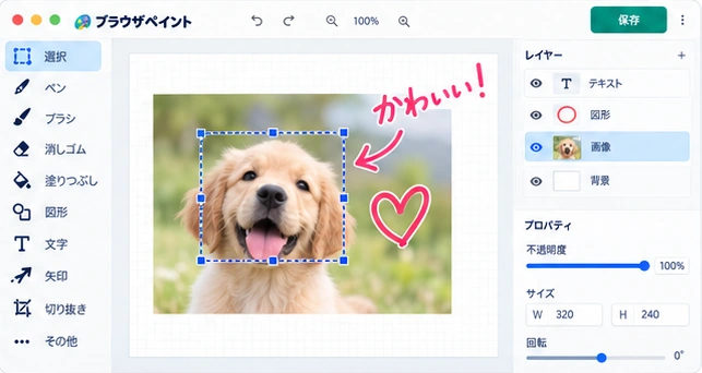画像の一部を選び、文字、矢印、ハートで注釈を加えたエディターの完成イメージ